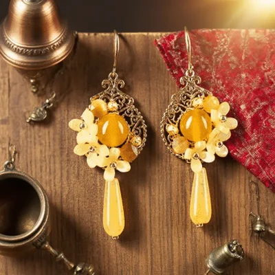 Ancient Style Agate Yellow Flower Earrings Elegant Earrings