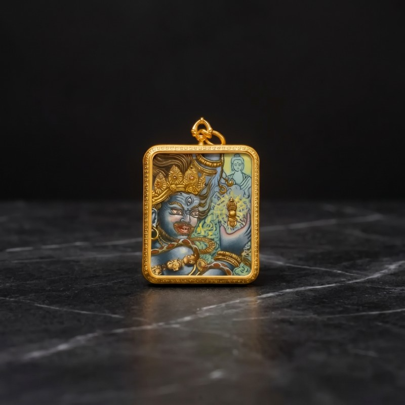 Acala (Blue Fierce Form) Hand-Painted Thangka Pendant - Black Marble Base Immovable Protector Amulet