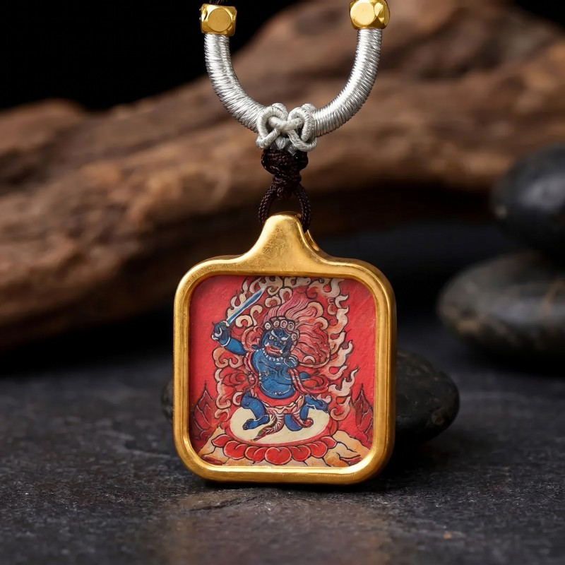 Acala (Immovable Protector) Hand-Painted Thangka Pendant - Weathered Wood & Stone Base Obstacle-Removing Amulet