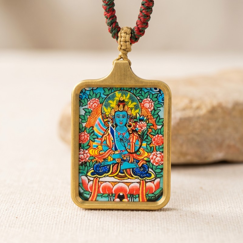 Ākāśagarbha Hand-Painted Thangka Pendant - River Stone & Linen Background Wisdom Amulet