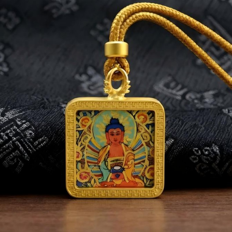 Amitabha Buddha Hand-Painted Thangka Pendant - Black Fabric & Wood Setting Peace Pendant