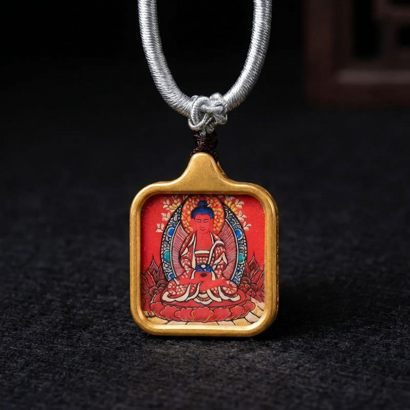 Amitabha Buddha Hand-Painted Thangka Pendant - Solid Black Backdrop Longevity Amulet
