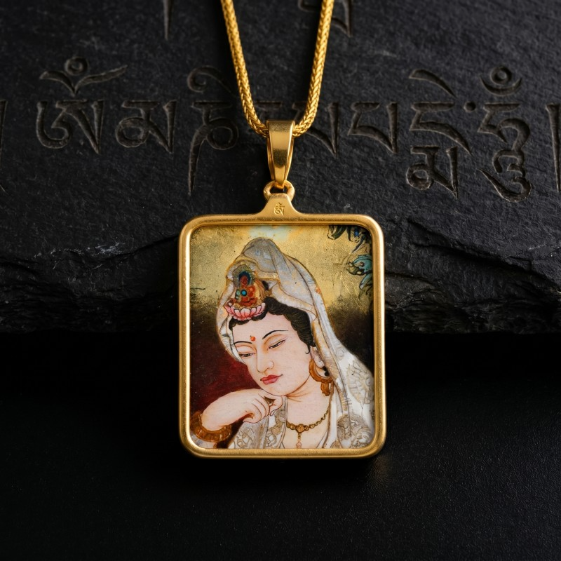 Avalokiteshvara (Compassionate Form) Hand-Painted Thangka Pendant - Black Slate with Mantra Script Backg