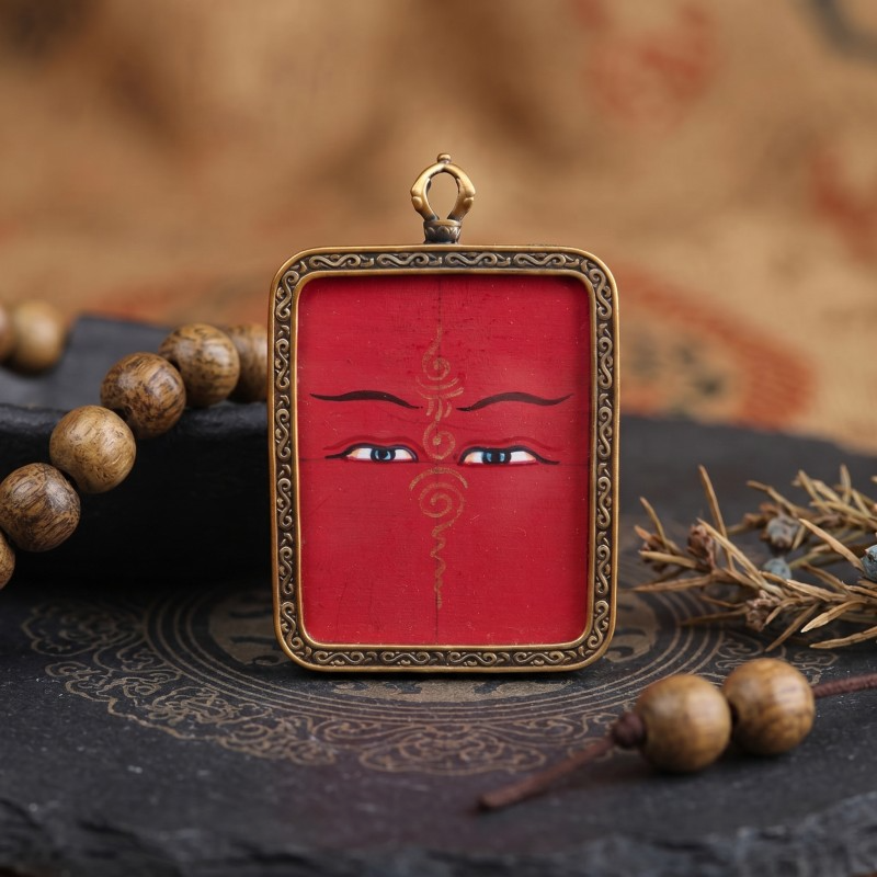 Buddha’s Wisdom Eyes (Prajna Eyes) Hand-Painted Thangka Pendant - Slate & Prayer Beads Base Clarity & Di