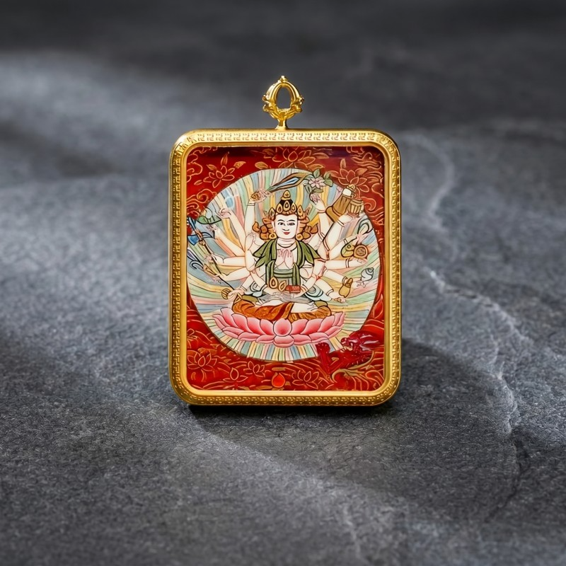 Cundi Bodhisattva Hand-Painted Thangka Pendant - Dark Stone Backdrop Blessings Pendant