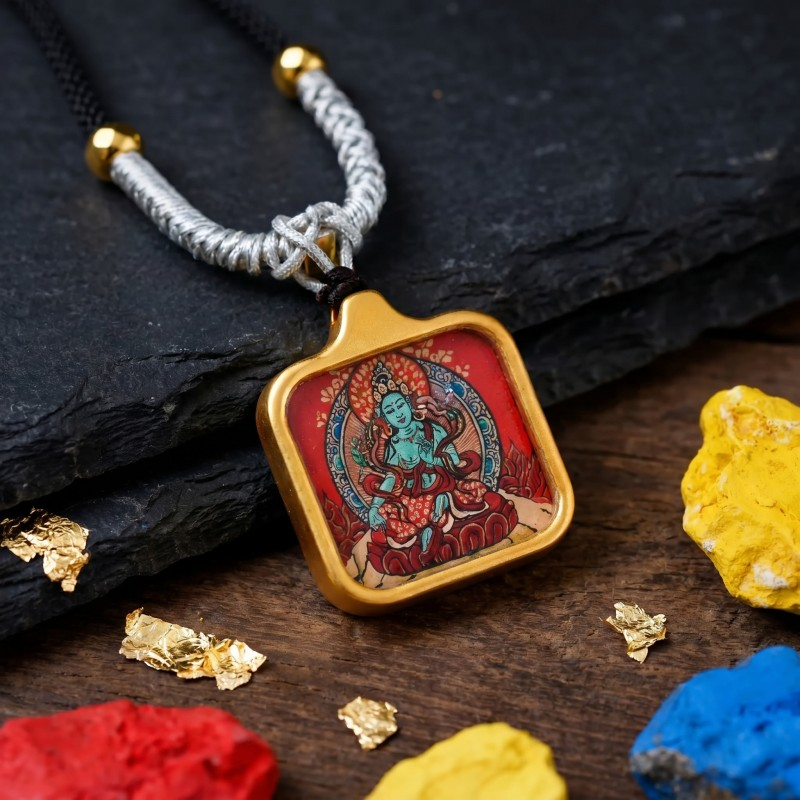 Green Tara Hand-Painted Thangka Pendant - Slate Stone with Colorful Mineral Accent Goddess Amulet