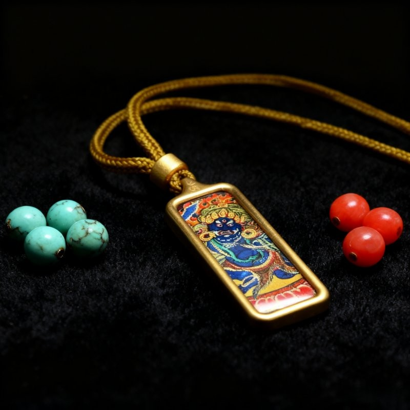 Mahakala Hand-Painted Thangka Pendant - Black Velvet Background with Turquoise & Red Coral Beads Against Harm Pendant