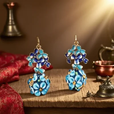 Cloisonne Ancient Style Blue Flower Earrings