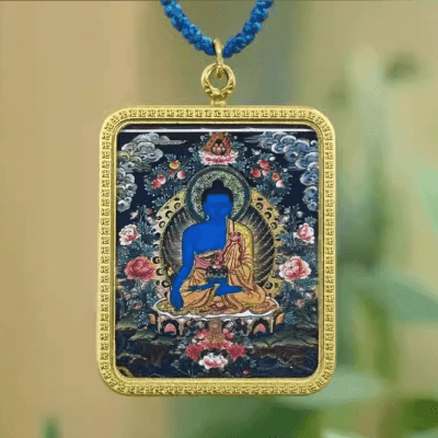Tibetan-style Hand-painted Medicine Buddha Thangka Pendant (Gold-traced) Necklace