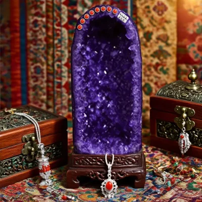 Natural Amethyst Cornucopia Amethyst Geode Ornament Crystal Raw Stone Purple Gold Geode Money Bag Home and Office Opening Ornament