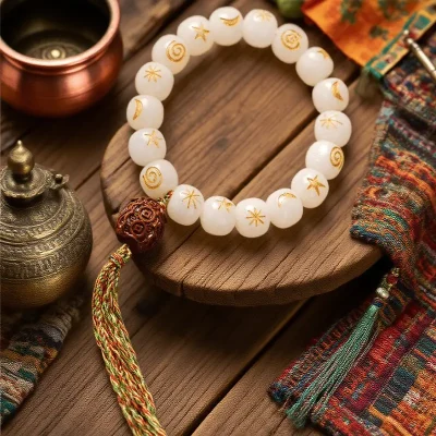 Tibetan White Jade Carved Bracelet