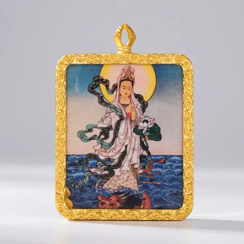 Guanyin Hand-Painted Thangka Pendant - Minimalist White Backdrop Blessing Amulet